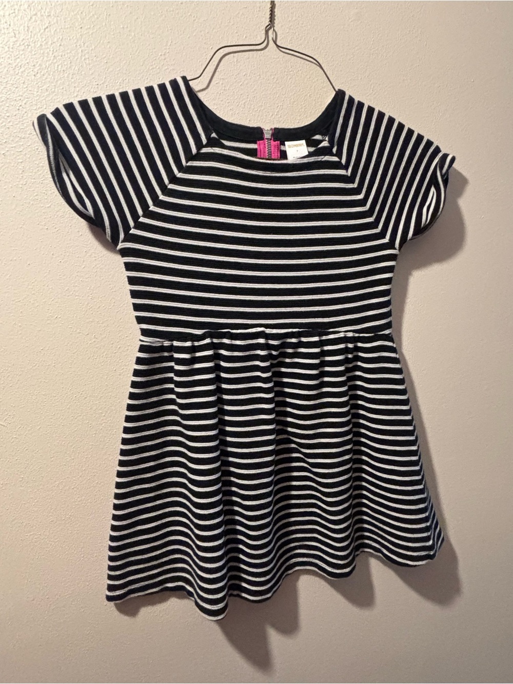 Gymboree Girls Size 7 Black/White Striped Knit Dress Pink Back Zip